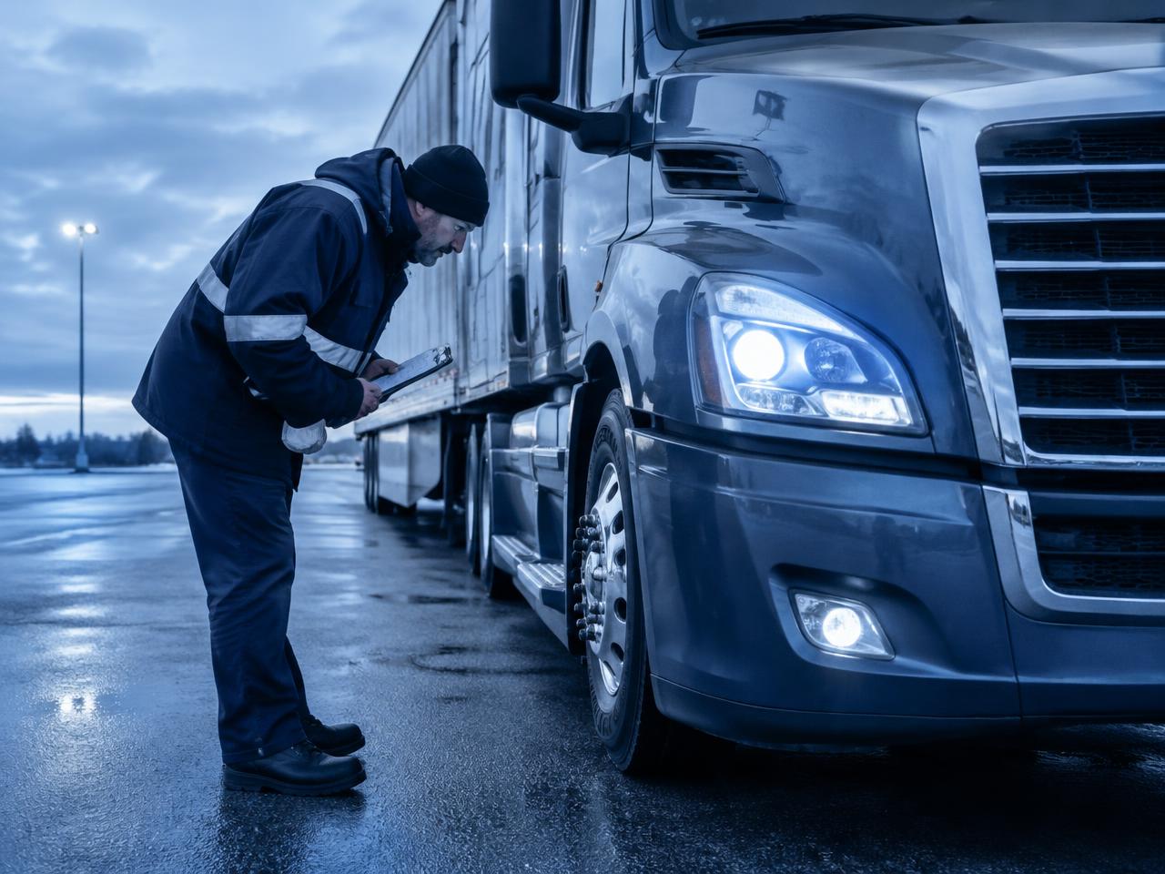 Driver performing a pre-trip inspection